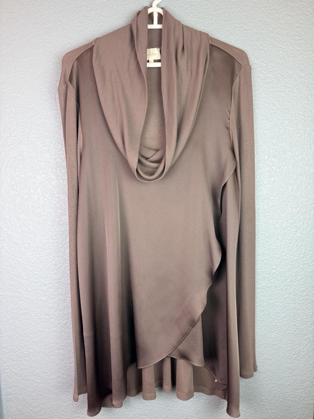 Deletta Cardigan Sweater Womens Large Brown Cowl Neck Open Front Asymmetrical